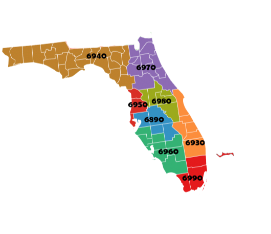 Map of Florida showing the eight Rotary district zones: 6940 Panhandle, 6970 Northeast, 6950 West Coast Tampa Bay, 6980 Central, 6890 West Central, 6960 Southwest, 6930 Southeast, and 6990 South Florida and the Islands.